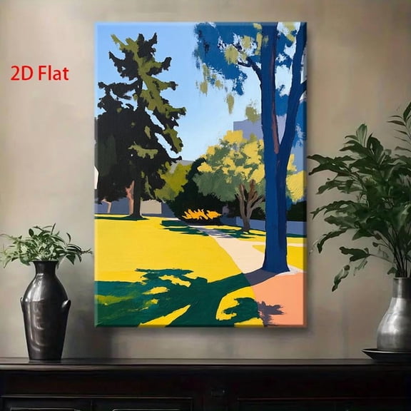 2D Flat Park Landscape Wall Art - Hand-Painted-Look Green Trees & Blue Sky Nature Scene on Wood Frame Wrapped Canvas, Modern Minimalist Serene Green & Blue Hues Painting for Living Room