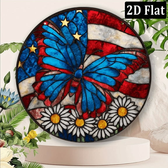2D Flat, Patriotic American Flag Round Sign - Stained Style Wall Window Hanging Decor with Blue Butterfly Daisy Accents, Ideal for Home, Garden, Porch, or Office, American Flag Decor 8*8in