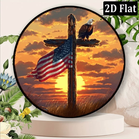 Patriotic Cross and American Flag Sun - Round, Vintage Style, Garden Decoration, Perfect for Room or Yard Decor, Patriot Decor Gift, 8x8in