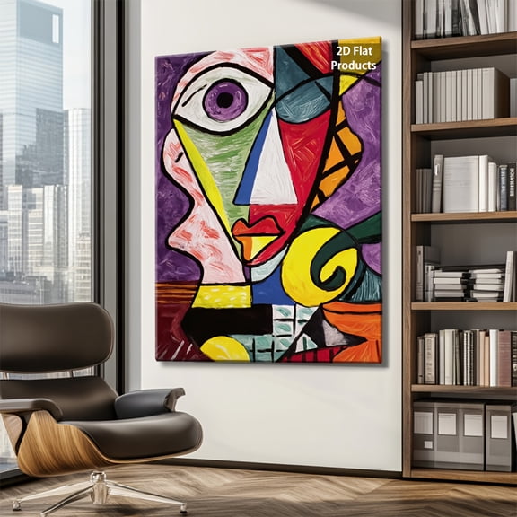 2D Flat, Picasso-Inspired Abstract Female Face Cubist Art Print - Hand-Picked Vibrant Multicolor Modern Painting on Wrapped Canvas with Wooden Frame