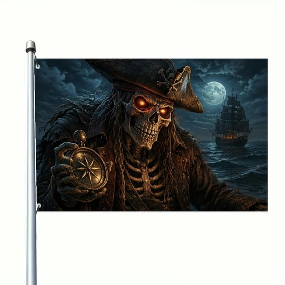 2D Flat Pirate Skull And Treasure Flag, Double-Sided Polyester Banner For Festivals Themed Parties Home Garden Parade, Pole Not Included, Durable Outdoor Garden Flag