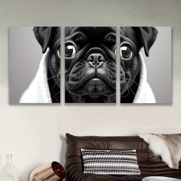 2D Flat, Posters & Prints 2D flat 3pcs of Frameless Canvas Wall Art - Black and White Pug Portrait Triptych, Art Deco Vertical Painting Photography for Living Room, Office, Kitchen Decoration - Uniq