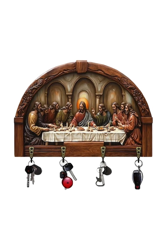 2D Flat Praying Wall Art Keychain Holder, Rustic Wooden Key Rack with 4 Metal Hooks, Christian Gifts for Family and Friends