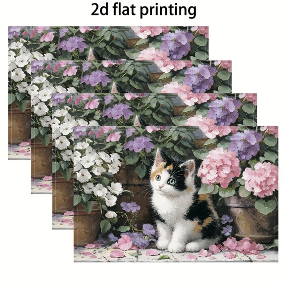This Is a 2D Flat Print Featuring a 4pcs of Rectangle Placemats Measuring 12X18 Inches, Showcasing a Calico Kitten Among Spring Flowers. Ideal for Festive Gatherings And Home Decor