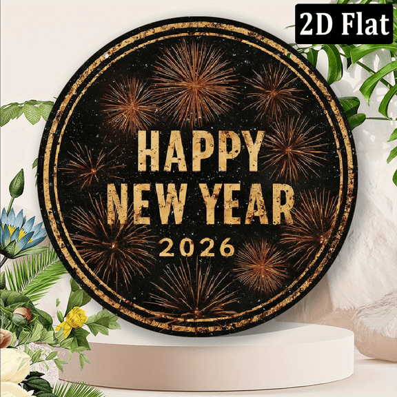 2D Flat Print, Home Seasonal Decoration, Pendants, Drops Finials, Outdoor Wind Chime Made of Metal with a 360 Rotating Hook, 2026 New Year'S Eve, Golden Fireworks Happy New Year 2026 Sign.