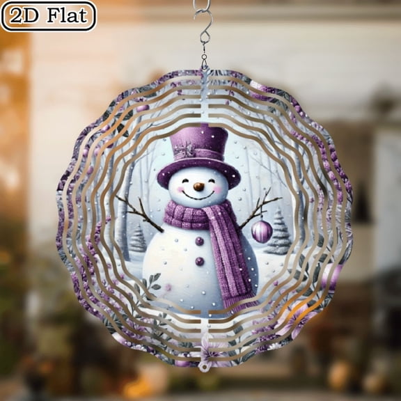 2D Flat Print, Home Seasonal Decoration, Pendants, Drops Finials, Wind Chime Made of Metal with a 360 Rotating Hook, Vintage Snowman - Winter Wonderland Scene with Purple Hat Scarf, Perfect for D