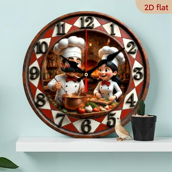 This Is a 2D Flat Print Vintage Wall Clock That Features a Chef Gourmet Dinner Time Theme Measuring 10 Inches, It Has a Wooden Quartz Design And Is Non-Lighting, Making It an Ideal Decoration fo