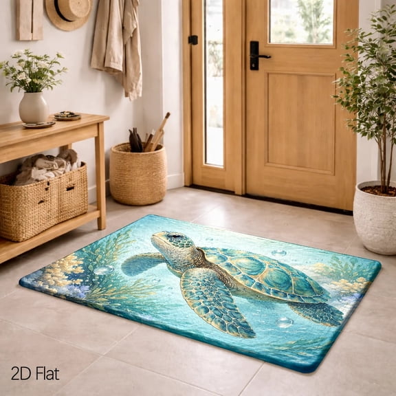 2D Flat Printed Sea Turtle Doormat Features A Calming Blue Ocean Scene With Coral And Bubbles. 50*80cm Made Of Soft, Absorbent Microfiber With A Non-Slip Backing