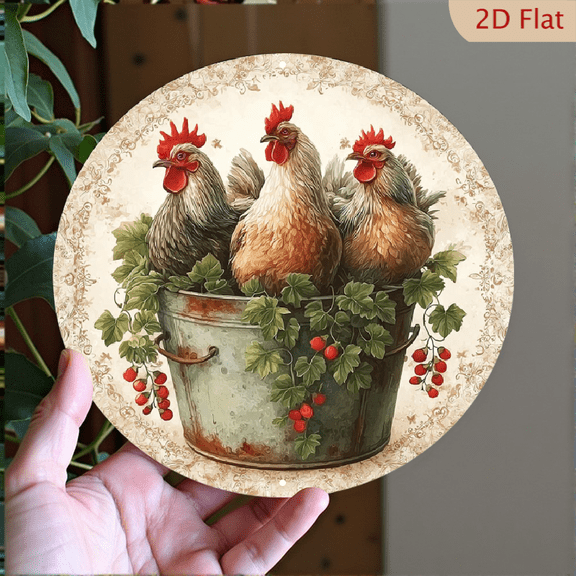 2D Flat Printing 1pc 8*8in Rustic Farmhouse Chicken Floral Wreath Wall Art, Round Aluminum Decorative Plaque, Vintage Hen Design for Kitchen, Garden, Office, Garage, Chicken Decor