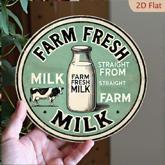 2D Flat Printing 1pc 8*8in Vintage Farm Fresh Milk Metal Tin Sign - Rustic Aluminum Wall Art with Cow Motif and "Direct from the Farm" Text. Ideal for homes, bars, cafes, and country kitchens