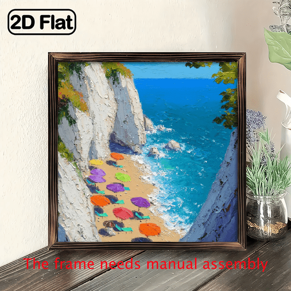 2D Flat Printing 1pc, Artistic Colorful Beach Umbrella Scene Wooden Frame Sign Summer Theme Wall Art Wall Decor for Beach House Bedroom Living Room Office Decorative Sign 8x8 Inch