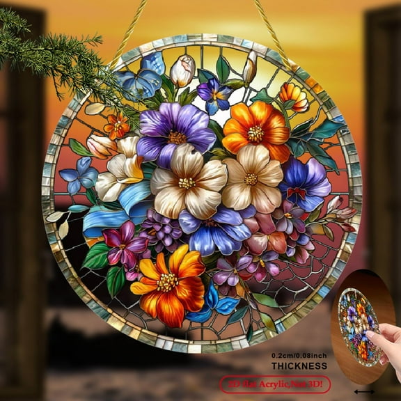 2D Flat Printing, 1pc, Colorful Flowers Suncatchers, Garden Suncatchers (8x8), Floral Decor, Spring Wall Art, Rustic Home Decor, Easter Gift, Gifts for Flower Lovers, Living Room Decor