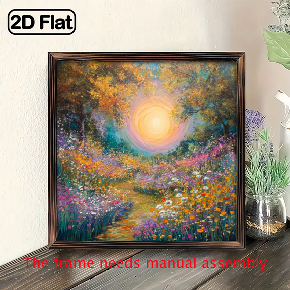2D Flat Printing 1pc, Dreamy Colorful Flower Meadow Path Sunset Wooden Frame Sign Summer Theme Wall Art for Living Room Bedroom Garden Office Decorative Sign 8x8 Inch.