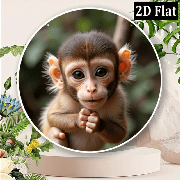 2D Flat Printing, 1pc round Metal Aluminum Decorative Plaque, Monkey Theme, Suitable for Bar Kitchen Cafe Home Living Room Office Decorations, Party Decoration, Valentine'S Day Gift, Holiday Gift