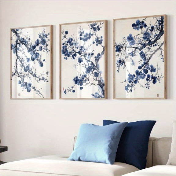 [2D Flat Printing]3pcs/set Blue Sakura Wall Art, Cherry Blossom Print, Minimal Flower Art, Watercolor Botanical Print Set, for Living Room Bedroom Bathroom Office Wall Decors, Perfect Gift for Art L