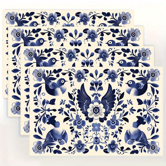2D Flat Printing, 4 Traditional Mexican Style Floral And Bird Pattern Placemats, 12X18 Inches - Non-Slip, Heat-Resistant, Decorative Tablecloth for Kitchen And Dining Room