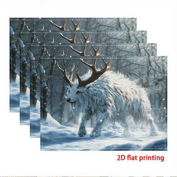 2D Flat Printing, 4pcs Placemat, Snow Beast in the Winter Forest Theme placemat, Suitable for Restaurants and Kitchens