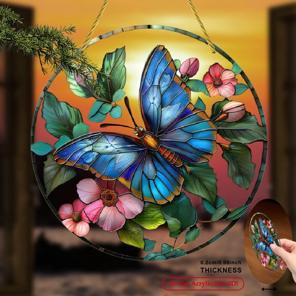 2D Flat Printing, 8-Inch Butterfly & Flower Sun Catcher - Vibrant Blue Butterfly with Pink Flowers & Green Leaves, Ideal for Garden, Sunroom Decor, Perfect Birthday Gift for Nature Lovers.