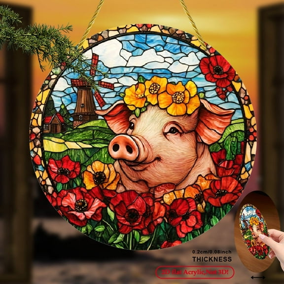 2D Flat Printing, Round Acrylic Sign - Colorful Stained Glass Style Window Hanging Decoration, Bohemian Pig Design with Vibrant Flowers Windmill Landscape, Ideal for Home Decor, 8*8inch