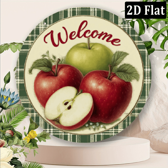 2D Flat Printing Round Metal Aluminum Sign Rustic Wall Decor Apple Wreath Sign, Summer Apple Welcome Wreath Sign Metal Artistic Wall Decoration for Home, Cafe, Restaurant, Garden, Farm.