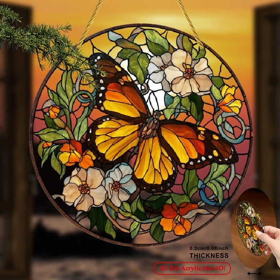 2D Flat Printing, Vibrant Butterfly Flower Sun Catcher - 8 Round Acrylic Sign with Colorful Stained-Glass Style Window Hanging Decor, Romantic Home Decoration for Spring and Summer