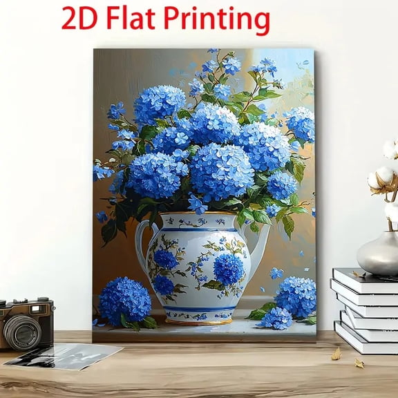 2D Flat Printing1pcs Wooden Framed Canvas Painting, Blue hydrangea, Wall Art Prints for Living Room & Bedroom & Kitchen,Office Decor, Christmas Gift for Her Him, 2D Flat, Perfect for Room Decor.