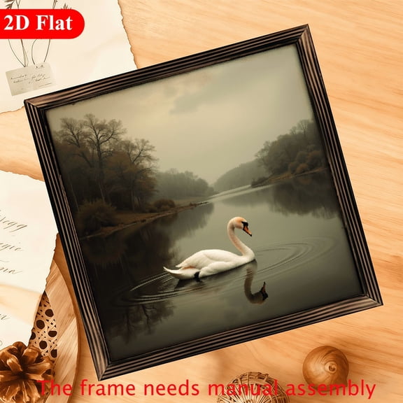2D Flat Prints 1pc Frame Wall Sign Swans under the moonlight, reflections on the lake, romantic realism style Wall Art 12x12in Prints Print Painting For Living Room Bedroom Office Bathroom Dorm