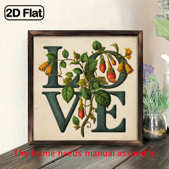 2D Flat Prints 1pc Wood Frame Wooden Wall Sign LOVE lettering, vine and floral, vintage botanical illustration style Wall Art 8x8in Prints Print Painting For Living Room.