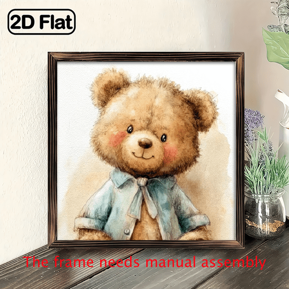 2D Flat Prints 1pc Wood Frame Wooden Wall Sign Teddy bear, vintage scarf, watercolor hand-painted style Wall Art 8x8in Prints Print Painting For Living Room Bedroom Office Bathroom Dorm Home Decor