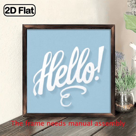 2D Flat Prints 1pc Wood Frame Wooden Wall Sign valentine's day Hello in handwriting, modern hand-drawn style Wall Art 8x8in.Ideal gift for Valentine's Day.