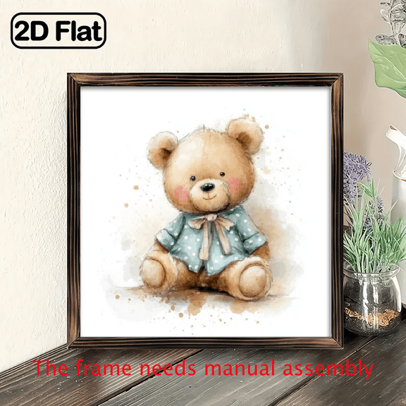 2D Flat Prints 1pc WoodFrameWooden Wall Sign Teddy bear, vintage scarf, watercolor hand-painted style Wall Art 8x8in Prints Print Painting For Living Room Bedroom Office Bathroom Dorm Home Decor