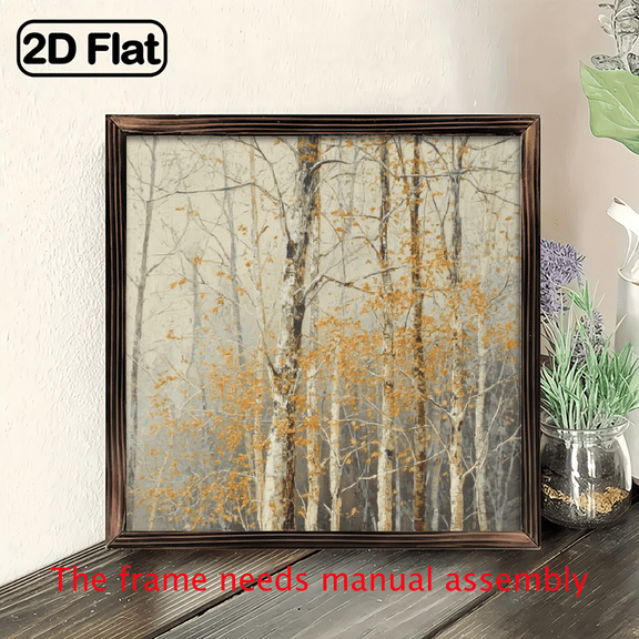 2D Flat Prints 1pc wooden board painting, Autumn Birch Forest, Golden Falling Leaves, Realistic Natural Style Wall Art 8x8in.