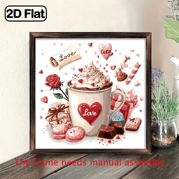 2D Flat Prints 1pc wooden board painting Valentine's Day Theme, Hot Chocolate and Heart-shaped Chocolates, Romantic Hand-drawn Illustration Style.8*8in