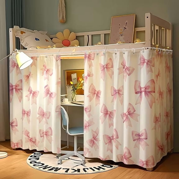 2D Flat Privacy Bed Curtain Blackout Room Divider Soft Pink Bow for Dorm Loft Bed
