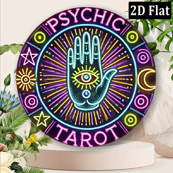 2D Flat, Psychic Tarot Neon Sign - Mystical Occult Wall Decor with Eye Motif, Stars, Moon - No Electricity Needed - Durable Metal Indoor.8x8 in