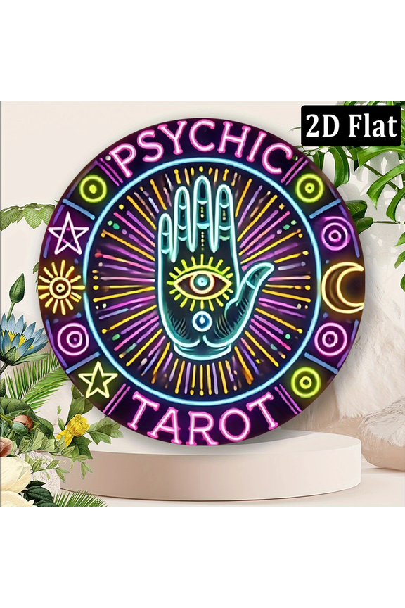 2D Flat, Psychic Tarot Neon Sign - Mystical Occult Wall Decor with Eye Motif, Stars, Moon - No Electricity Needed - Durable Metal Indoor.8x8 in