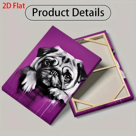 2D Flat Purple Background Pug Dog Painting - Expressive Black & White Pug with Pink Ears & Brown Eyes, Wrapped Canvas Framed Wall Art for Home Decor, Playful Pug Sitting or Lying Down, Detailed Fur