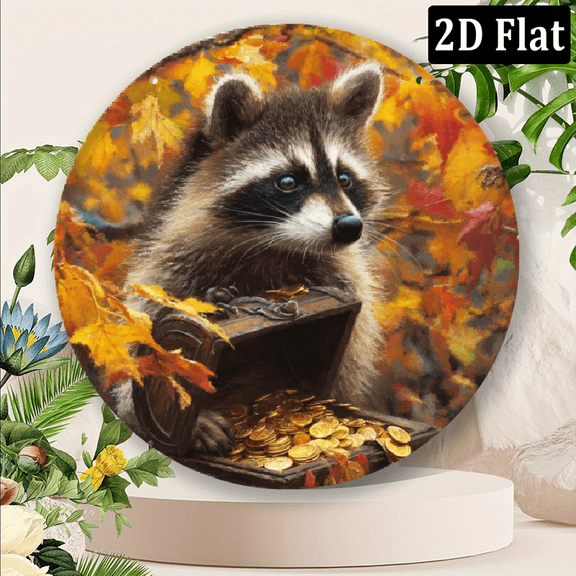 2D Flat, Raccoon with Treasure Chest Metal Wall Art Sign - 2D Flat Aluminum Rustic Autumn Forest Decor, Easy to Hang Indoor Decoration for Home, Camping Holiday Gifts - Cute Raccoon Fall Folia Design