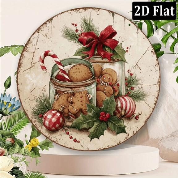 2D Flat A Retro Gingerbread Man and Cookie Tin Foil Art Sign, Printed Holiday Wall Decoration, 8x8inch Plate, Suitable for Home, Cafe, Living Room Decoration