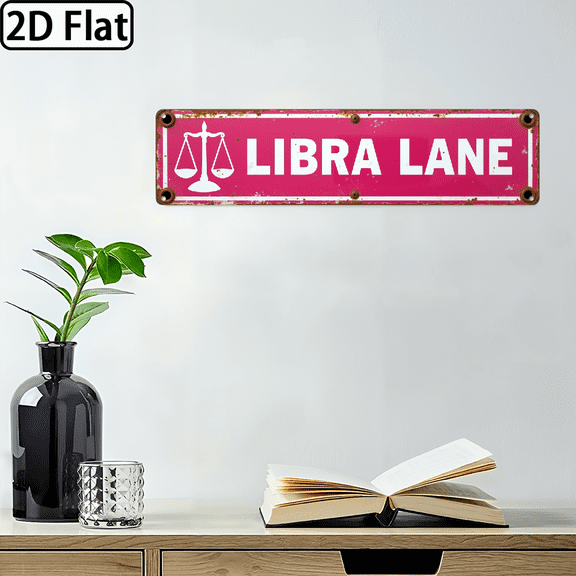 2D Flat Retro Libra Zodiac Sign Vintage Metal Wall Decor - 16 x 4 Inch Rustic Pink White Astrology Sign for Home, Bathroom, Cafe, Garage Decoration - No Electrical Needed, Easy Wall-Mounted Insta