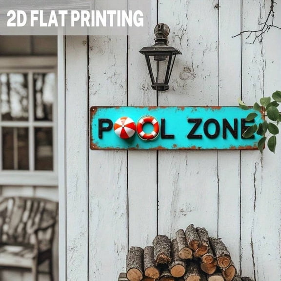 2D Flat Retro Pool Zone Metal Wall Sign - Turquoise With Red Lifebuoy - 1PC - Rustic Beach Decor For Poolside Or Game Room
