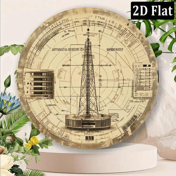 2D Flat, Retro Radio Schematics Metal Wall Art - Vintage 8 Inch Round Amateur Ham Radio Sign - Industrial Decor for Tech Lovers, Home Office or Bar - Durable Iron Gift for Electronics Enthusiasts