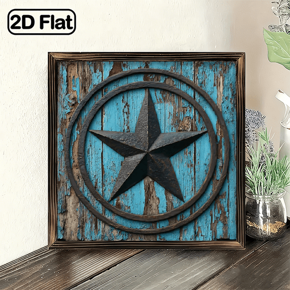 2D Flat, Retro Round Metal Tin Sign West Texas Star On Vintage Blue Wall Art for Bathrooms Wall Decor Ready to Hang 8x8inch