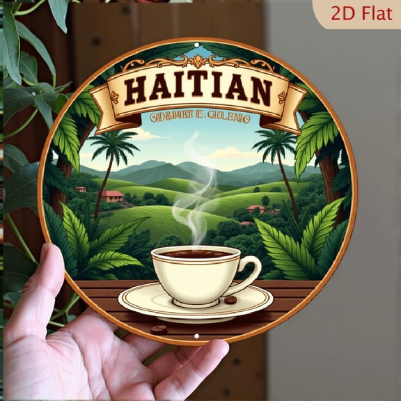 2D Flat Retro-Style Circular Tin Coffee Logo in a 2D Design Featuring Landscape Art, Perfect for Decorating The Walls of a for home Cafe Or Dining Space