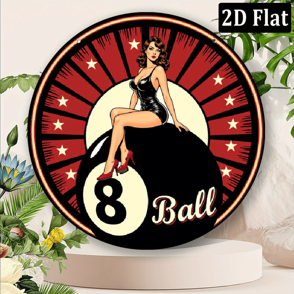 2D Flat, Retro Swimming Pool Table Decoration, Retro Aluminum Round Sign, Bar Decoration, Front Door Welcome Sign, Billiard Decoration, Antique Poster, Man Cave Decoration, Whimsical Mural, 8*8in