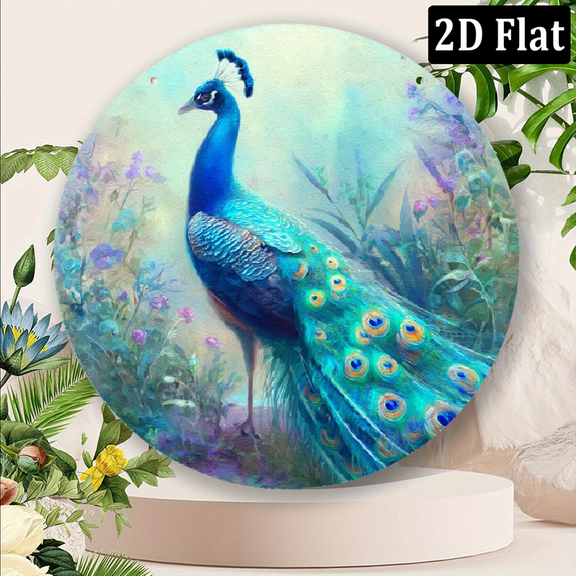 2D Flat, Room Decor 1pc 8x8inch (20x20cm) Round Aluminum Sign Metal Sign Peacock Wreath Sign Peacock Wreath Peacock Theme Wreath Home Office Decorations Backyard