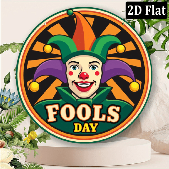 2D Flat, Room Decor 1pc April Fools Day Clown Design Round Iron Sign, 8x8 inches, Durable Metal Wall Art for Home, Bar, Man Cave, Library, Warehouse Decor