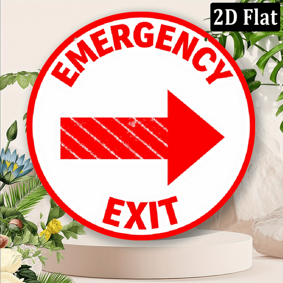 2D Flat, Room Decor 1pc, Emergency Exit Sign, 20x20cm (8x8 inches), Safety Theme, Round Wall Art, Decorative Mural for Man Cave, Garage, Office, Cafe - Durable Material