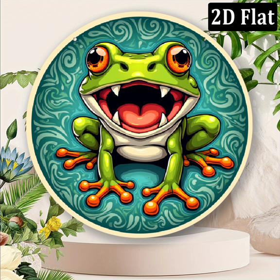 2D Flat Room Decor 1pc, Funny Frog, Iron 20x20 Cm (8x8 Inches), Frog Theme, Round Iron Sign, Round Iron Decorative Mural, Wall Art, Home, Office Multi-Purpose Decoration, Gift for Friends And Family
