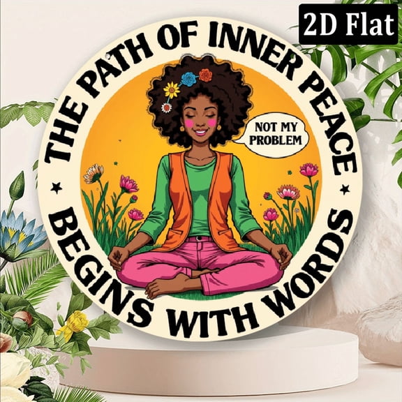 2D Flat, Room Decor 1pc, Inspirational Quote Wall Art, 8x8 inches Round Sign, The Path of Inner Peace Meditation Themed Home Decor, Durable Metal Plaque for Bedroom, Kitchen, Office - Easy to Hang